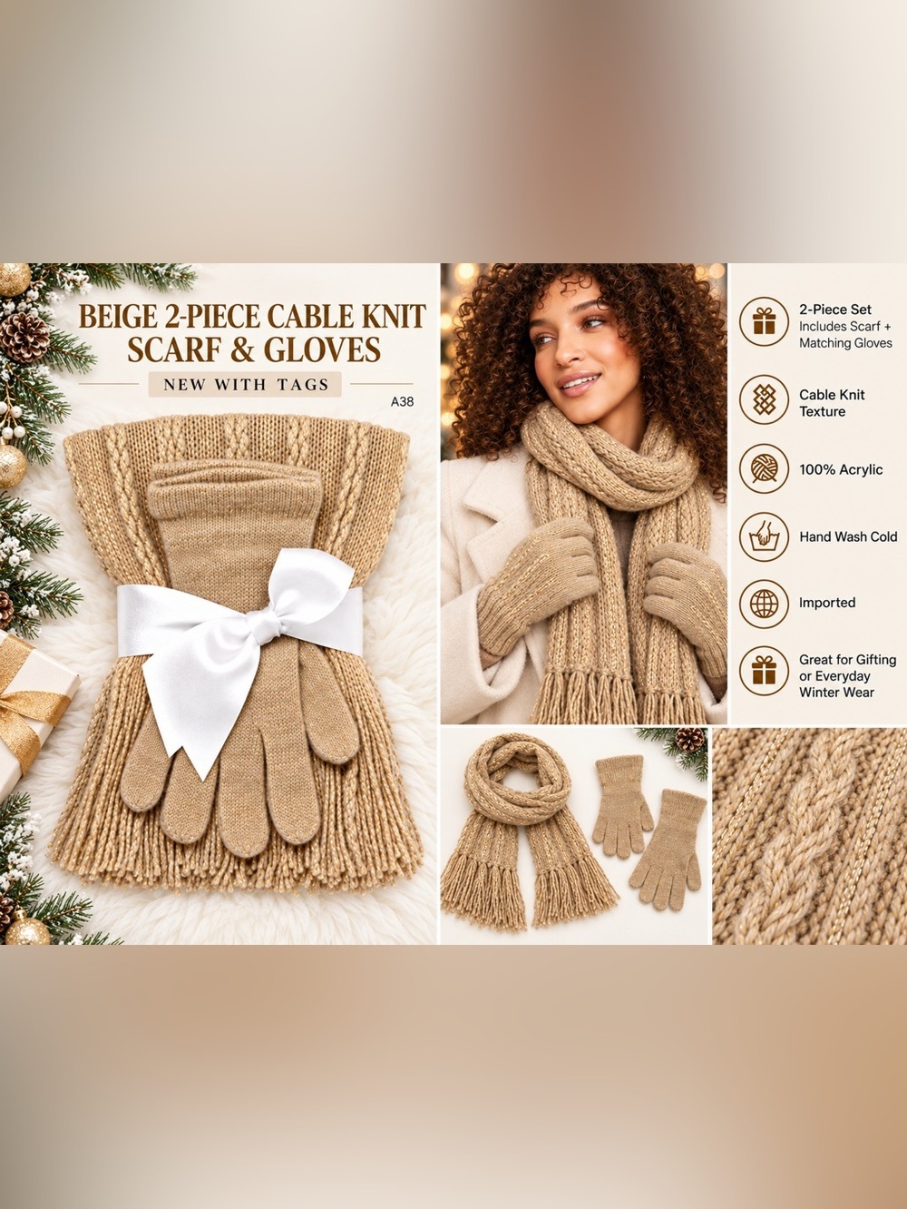 NEW YORK & CO  2 PC CABLE KNIT SCARF & GLOVES SET  - BEIGE (NEW WITH TAGS) A38